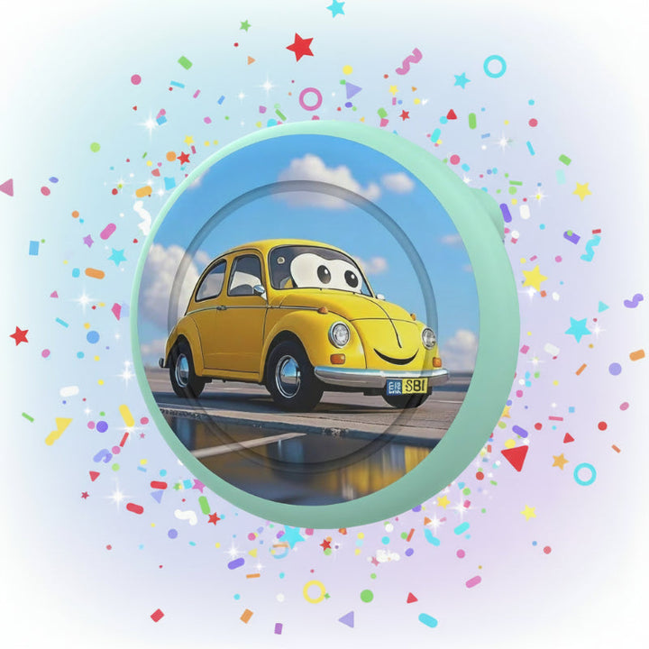 Light blue AirTag brooch case featuring a yellow cartoon car