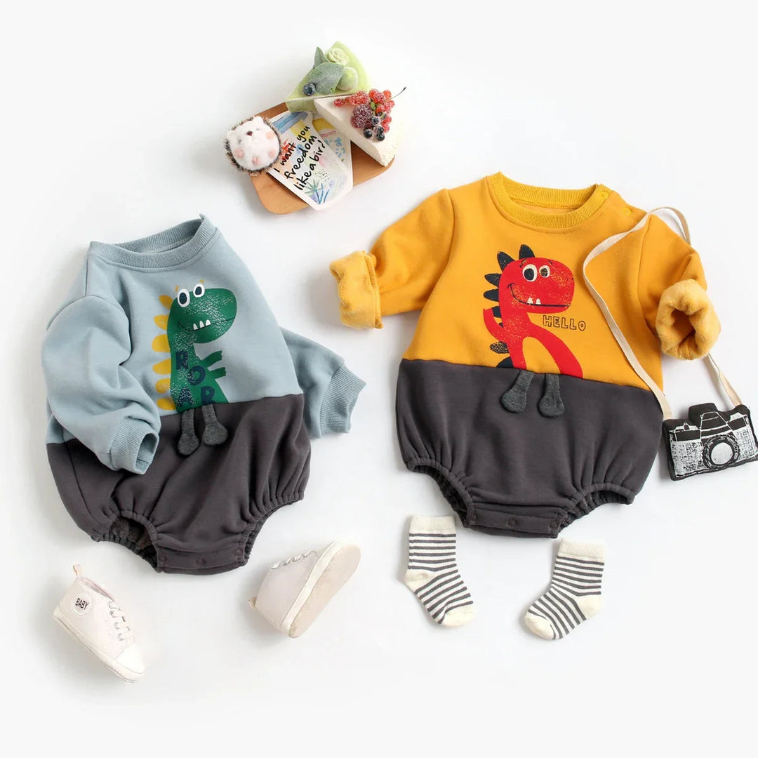 Blue and yellow long-sleeve dinosaur baby rompers with contrasting dark gray bottoms