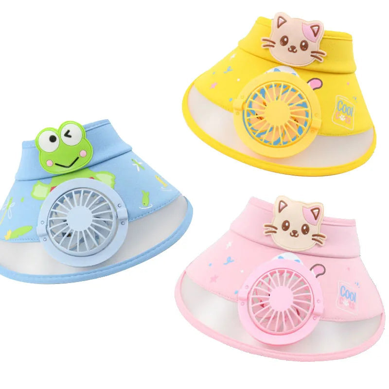 Blue, yellow, and pink fan hats with cartoon animal decorations