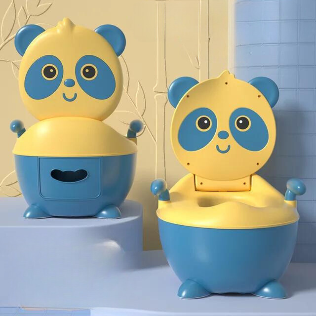 Blue and yellow panda potty chairs with the seat lid open and closed