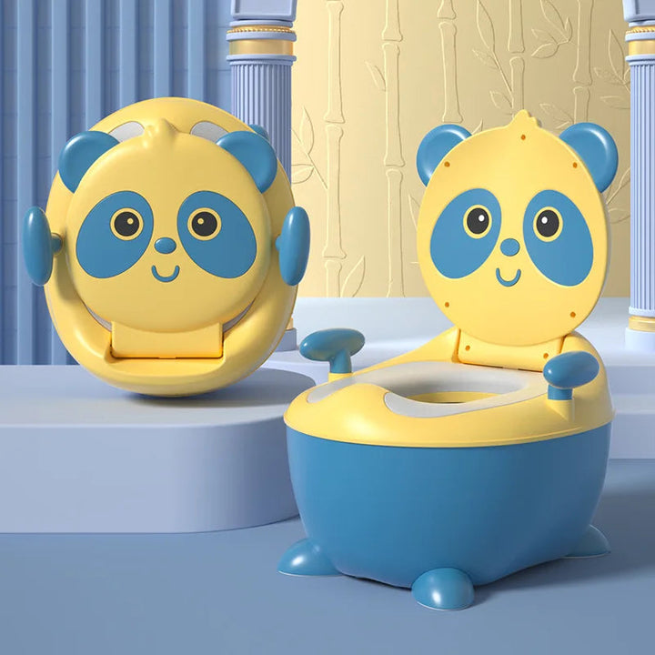 Blue and yellow panda potty chair with a panda-face back and small side handles