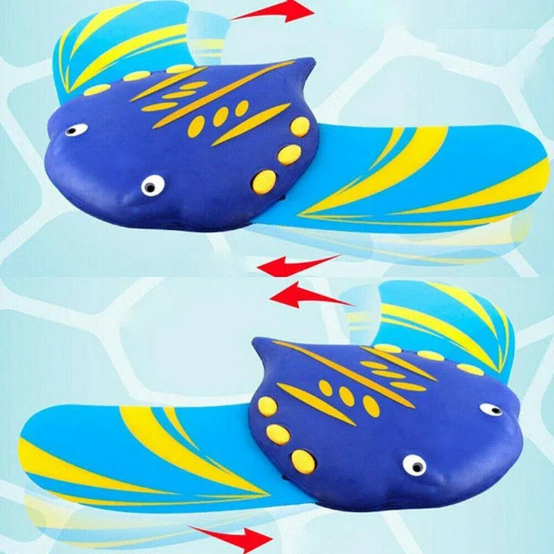 Blue and yellow ray-shaped water toys with arrows indicating fin movement