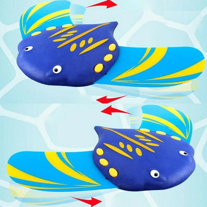 Blue and yellow ray-shaped water toys with arrows indicating fin movement