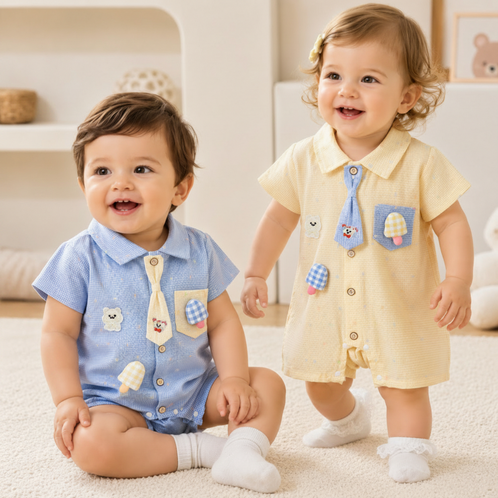 Two young children wearing the blue and yellow collared baby rompers