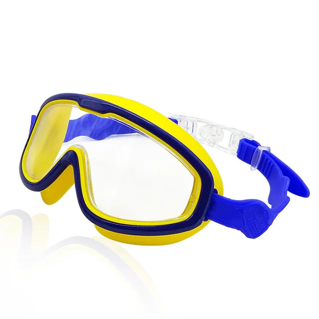 Blue and yellow swimming goggles with a clear panoramic lens and adjustable strap