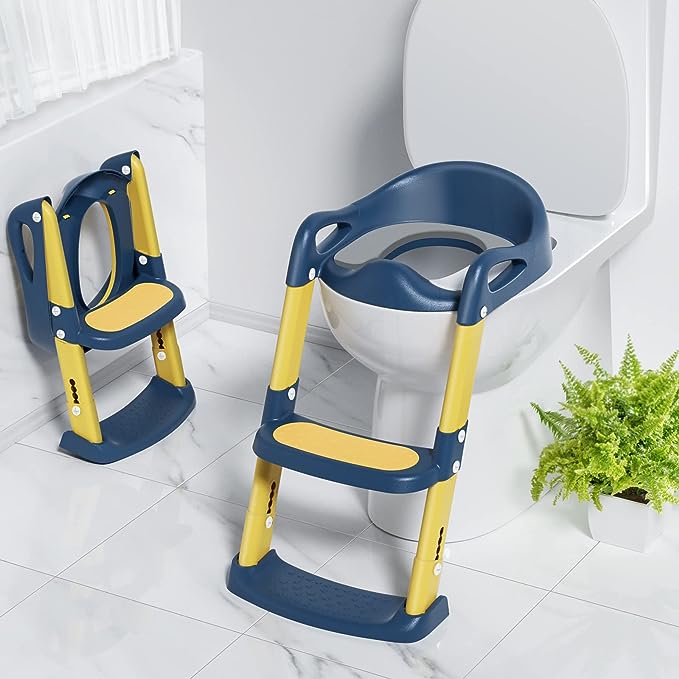 Blue and yellow toilet training seat shown fitted on a toilet and folded beside it