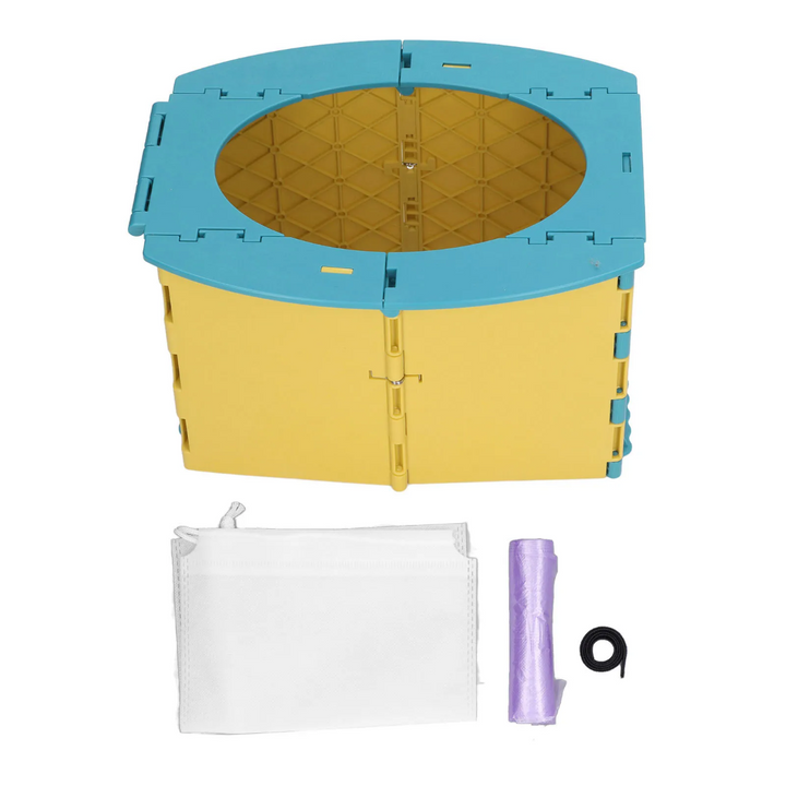 Blue and yellow folding potty with a white storage pouch and a roll of disposable bags