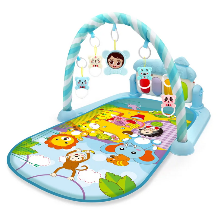 Blue zoo animal baby gym with a striped arch and hanging animal toys