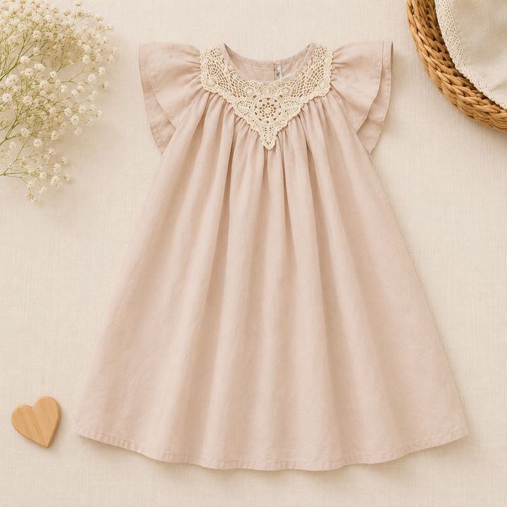Blush pink flutter-sleeve dress with a pointed lace yoke and gathered skirt.