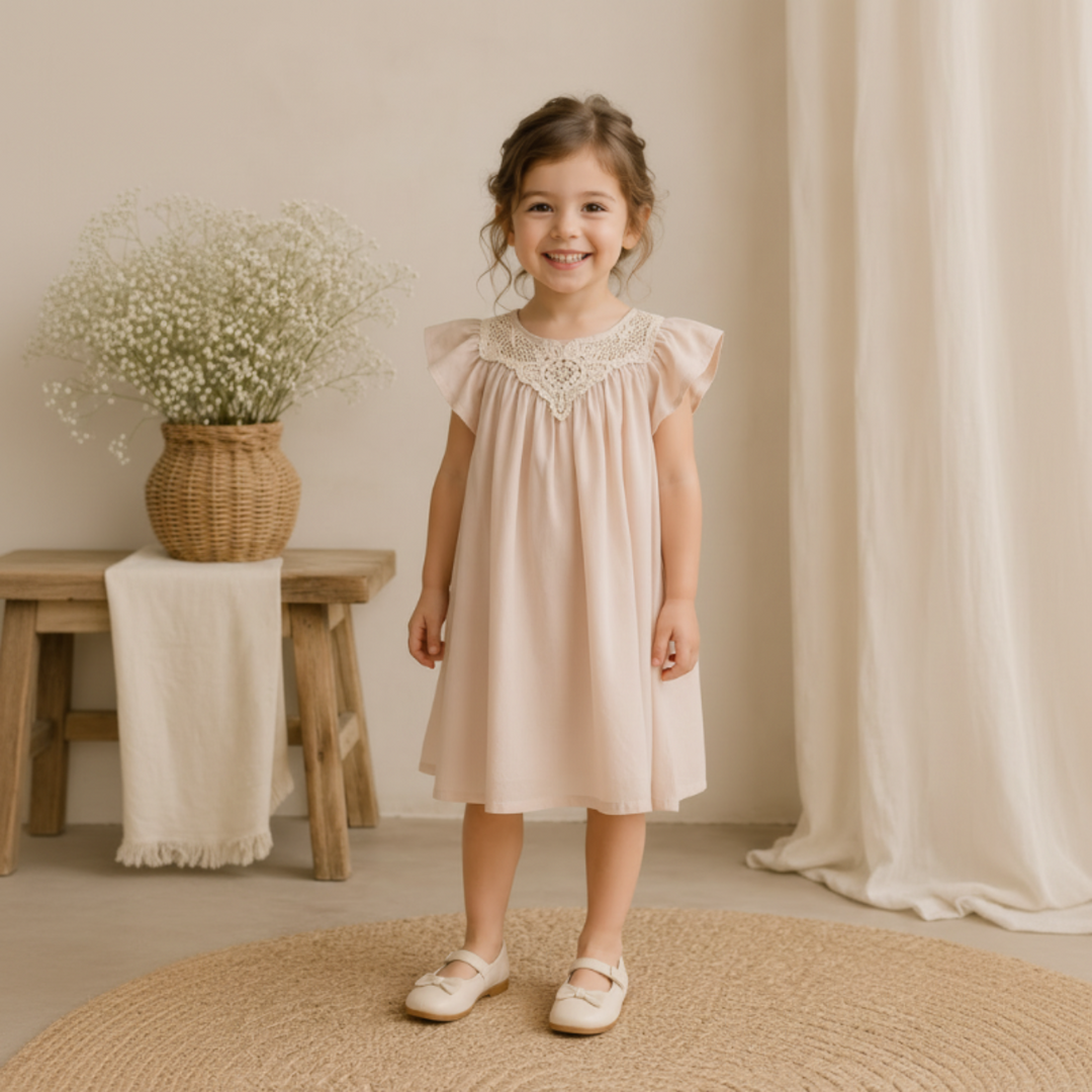 Girl wearing a blush pink dress with flutter sleeves and a lace neckline.