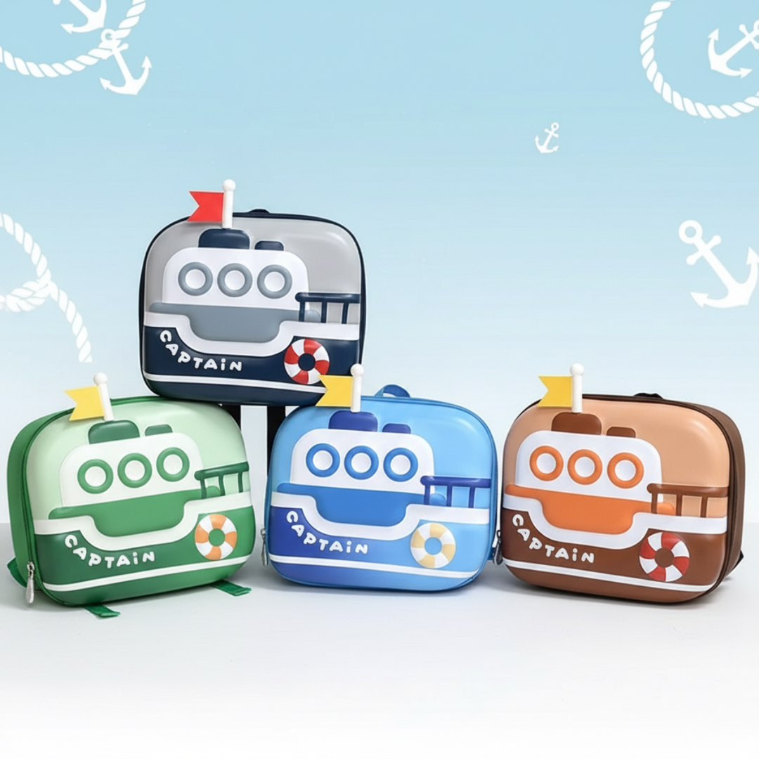 Boat-design children's backpacks in blue, gray, green and orange