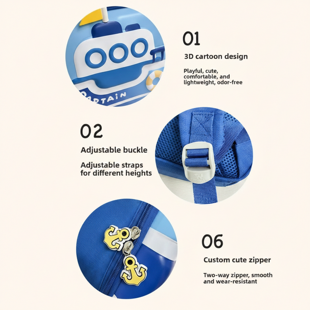 Close-ups of the boat front, adjustable strap buckle and decorative zipper pulls