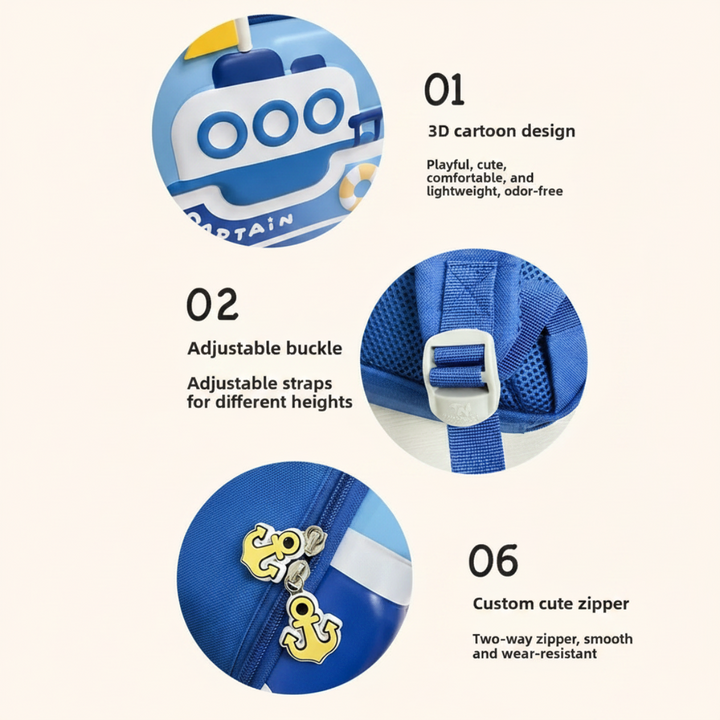 Close-ups of the boat front, adjustable strap buckle and decorative zipper pulls