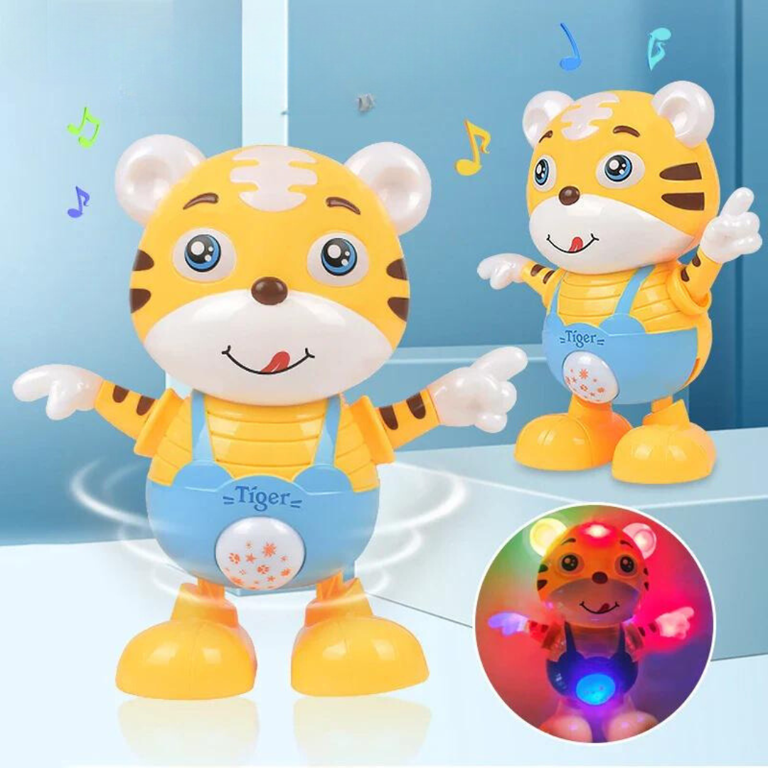 Yellow tiger robot toy in blue overalls with an inset showing its colorful lights.