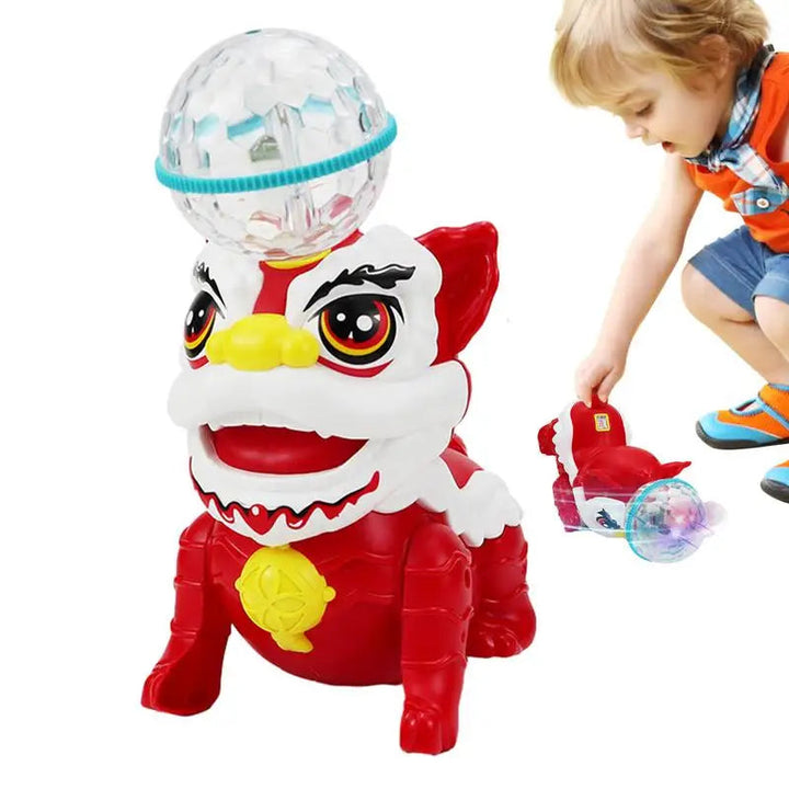 Red-and-white musical lion with a clear globe, shown upright and beside a child reaching toward it.