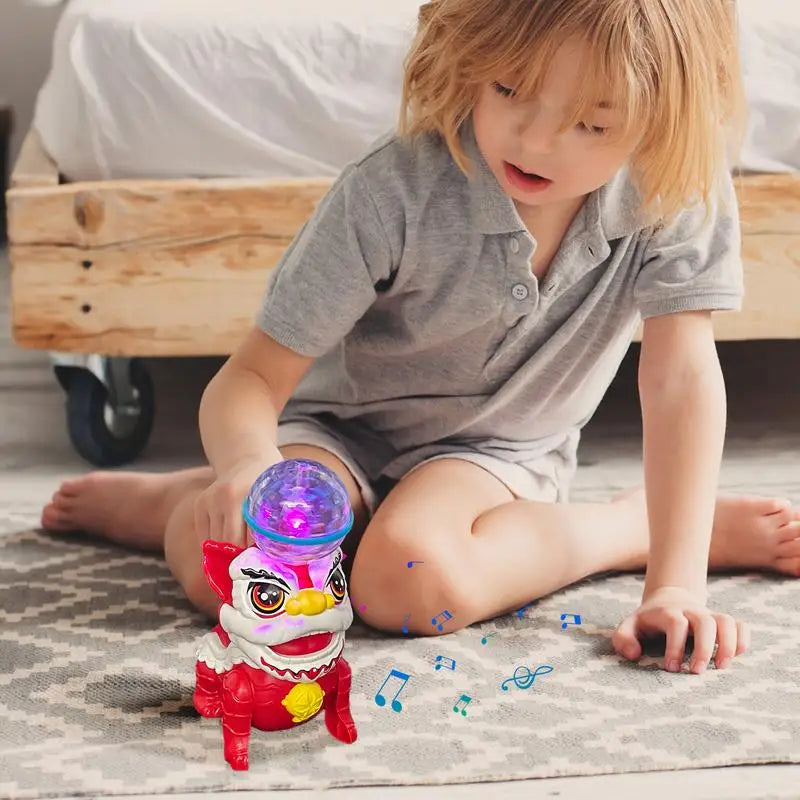 Child playing with the musical lion on a rug as its globe glows purple.