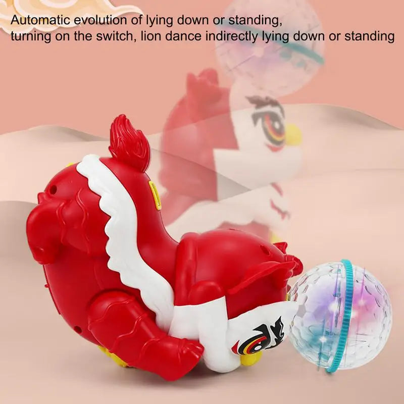 Musical lion shown lying down and standing to illustrate its changing dance positions.