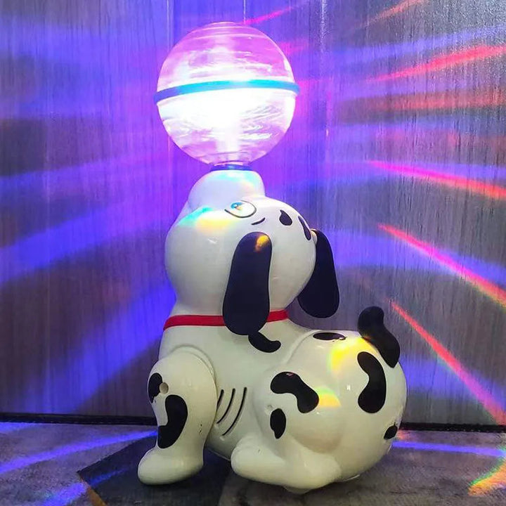 Spotted toy dog casting colorful light patterns from the glowing ball on its nose