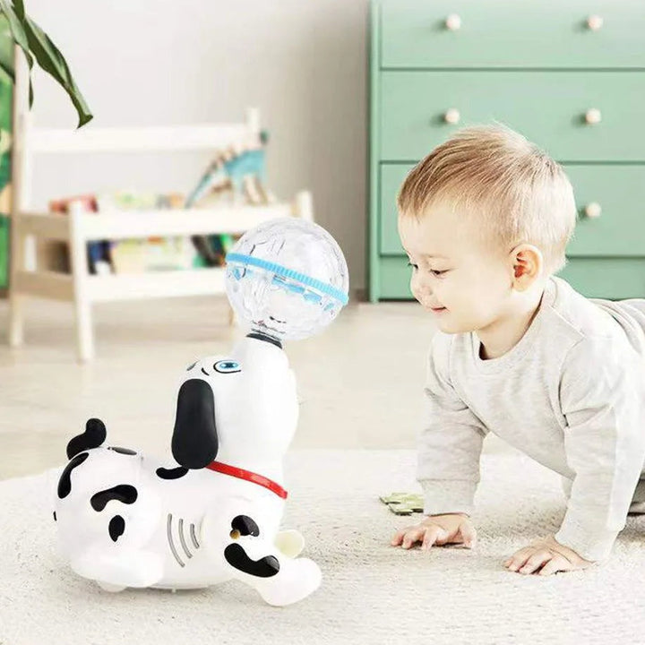 Child beside a spotted toy dog with a clear ball on its nose during floor play