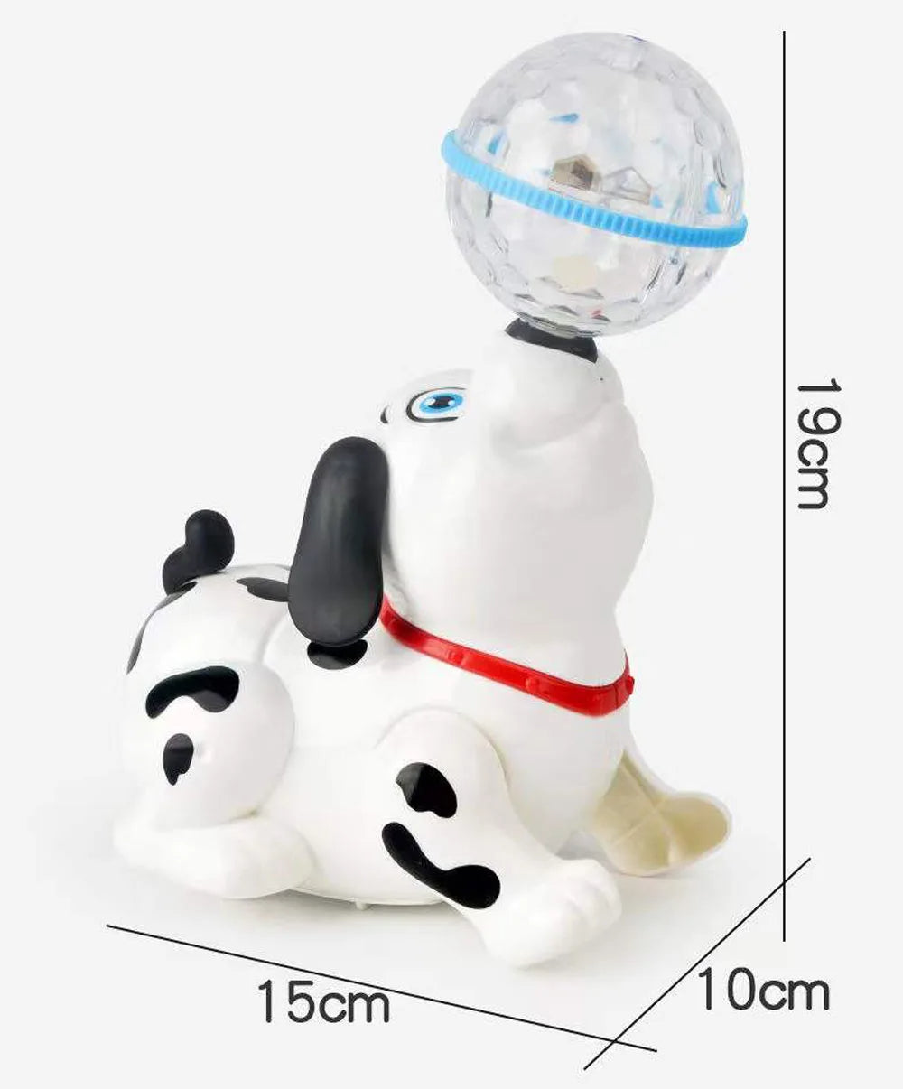 Spotted toy dog shown with measurements of 19 cm by 15 cm by 10 cm