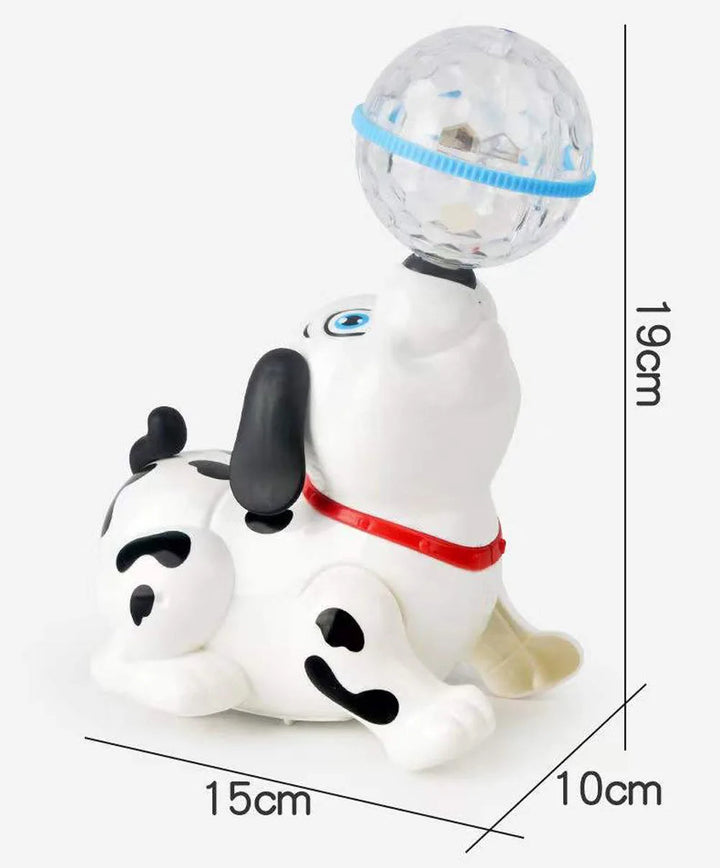 Spotted toy dog shown with measurements of 19 cm by 15 cm by 10 cm