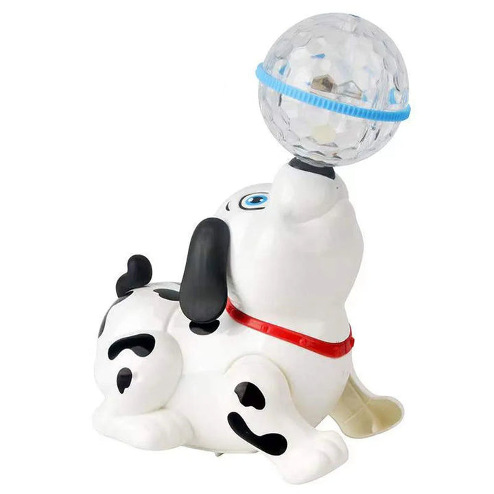 White toy dog with black spots, a red collar, and a clear ball on its nose