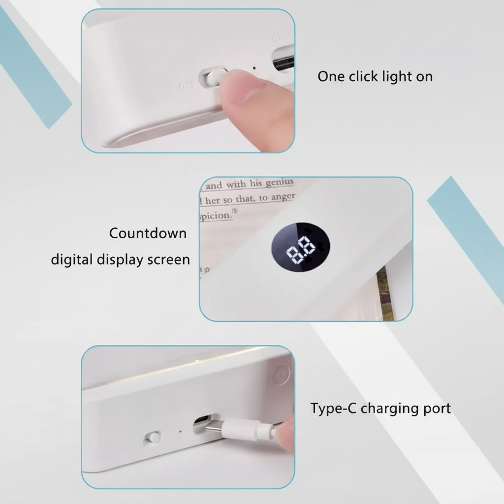 Book light detail views showing the power switch, countdown display, and USB-C charging port