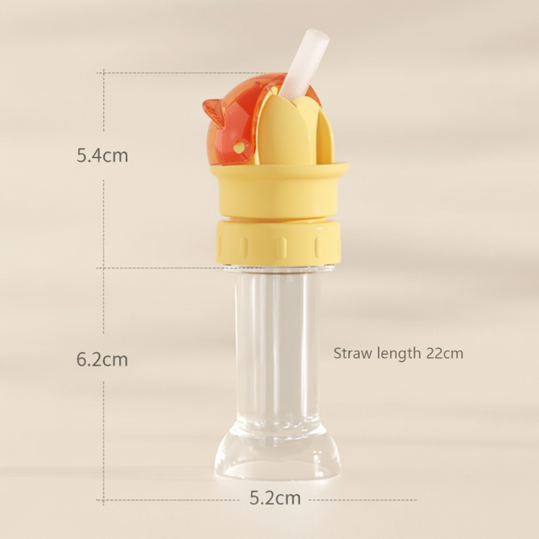 Measurement diagram showing a 5.4 cm cap, 6.2 cm storage case, 5.2 cm base, and 22 cm straw.