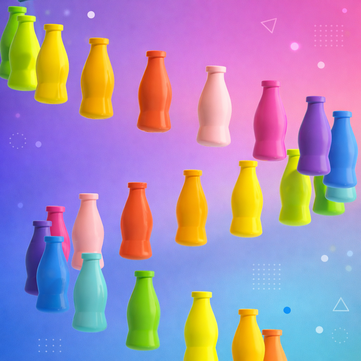 Bottle-shaped sorting pieces in pink, orange, yellow, green, blue, and purple.