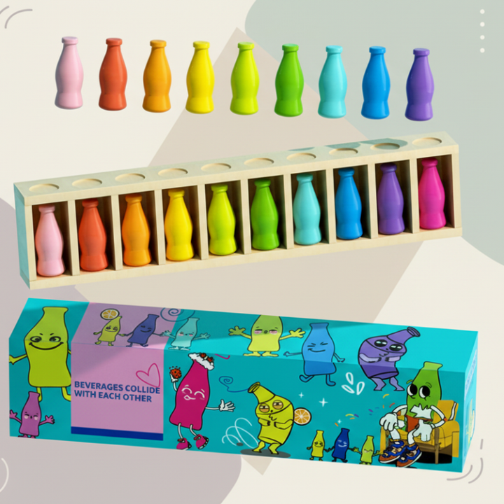 Bottle-shaped wooden sorting pieces with a ten-compartment rack and illustrated box
