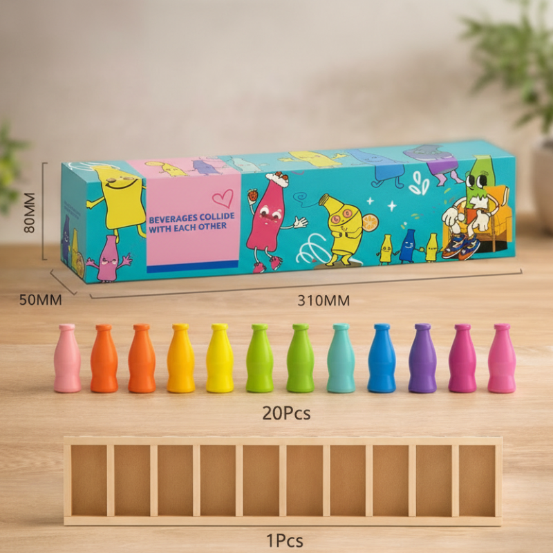 Bottle sorting set diagram showing 20 wooden bottle pieces, one rack, and box measurements