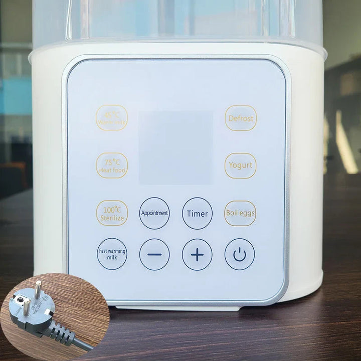 Bottle warmer control panel with warming, timer, and yogurt settings, plus an EU plug inset.