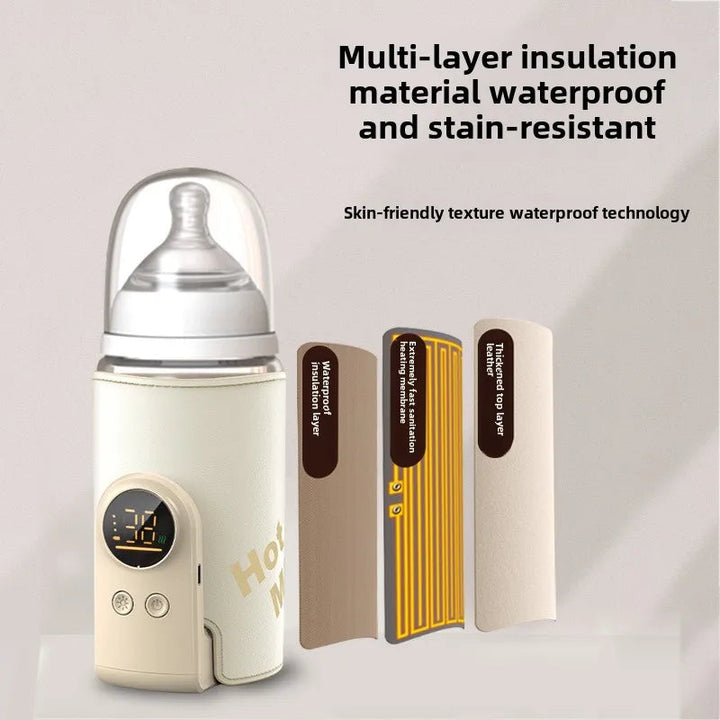 Layered insulation diagram beside a cream-colored bottle warmer and feeding bottle