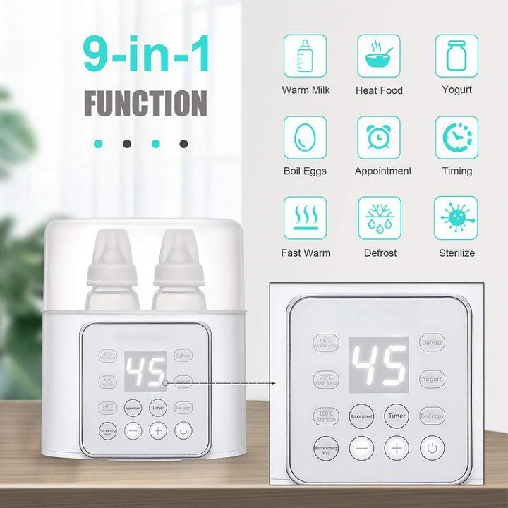 Bottle warmer with icons for nine functions, including milk warming, food heating, defrosting, and sterilization.