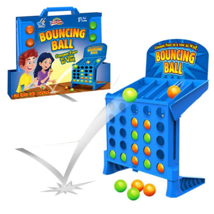 Blue four-in-a-row ball toss game with its box and green and orange balls