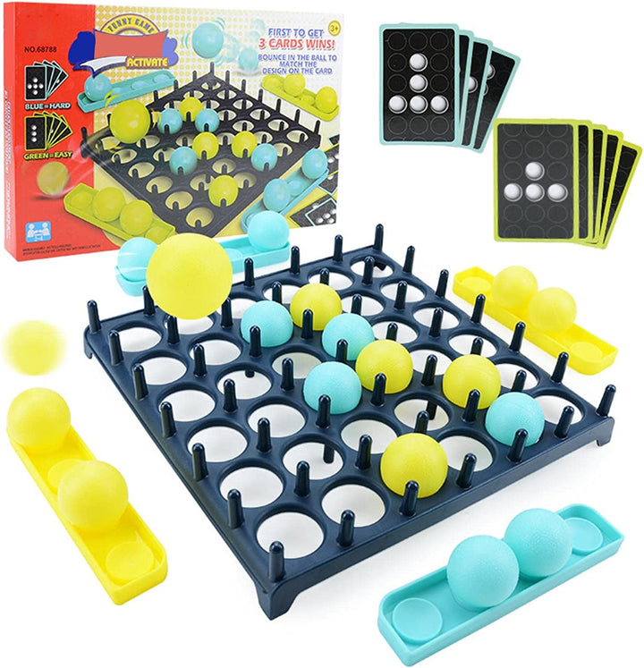 Ball game with a black grid board, yellow and blue balls, matching trays, challenge cards, and box