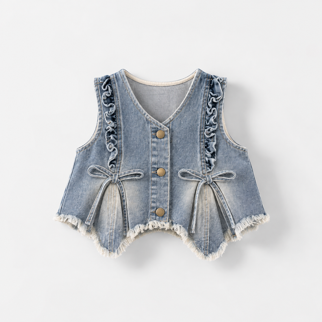Blue denim button-front vest with decorative bows, ruffled trim and frayed edges