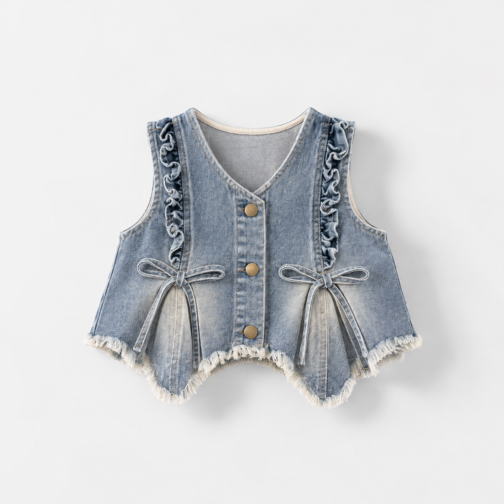 Blue denim button-front vest with decorative bows, ruffled trim and frayed edges