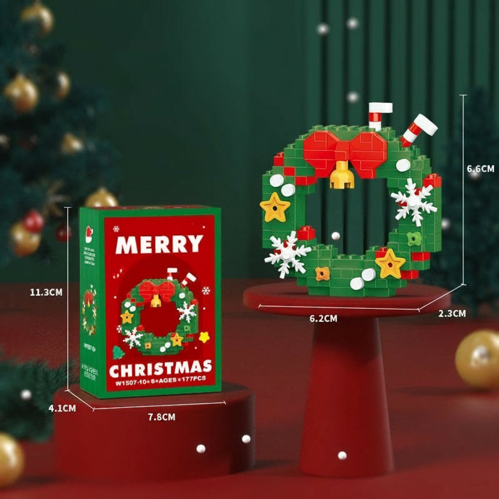 Mini block Christmas wreath with a red bow and measurement labels
