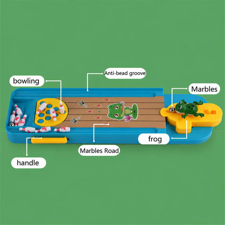 Labeled overhead view of the bowling lane, side handle, pin holder, and frog launcher