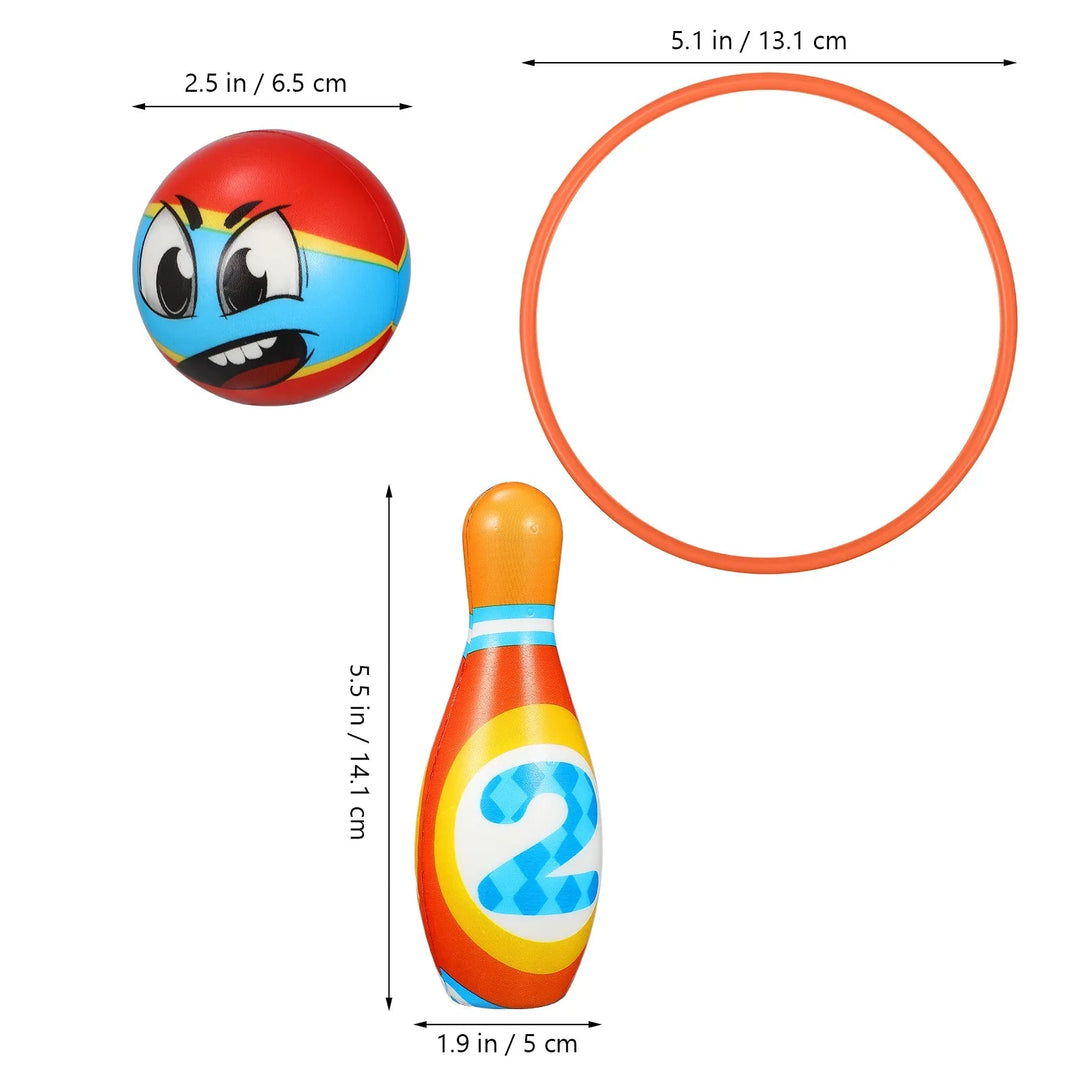 Size chart showing bowling pin height and width plus ball and ring diameters