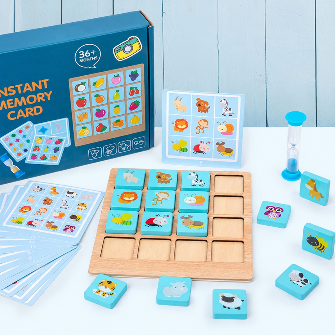 Boxed wooden memory game with animal picture tiles, pattern cards, and a blue sand timer