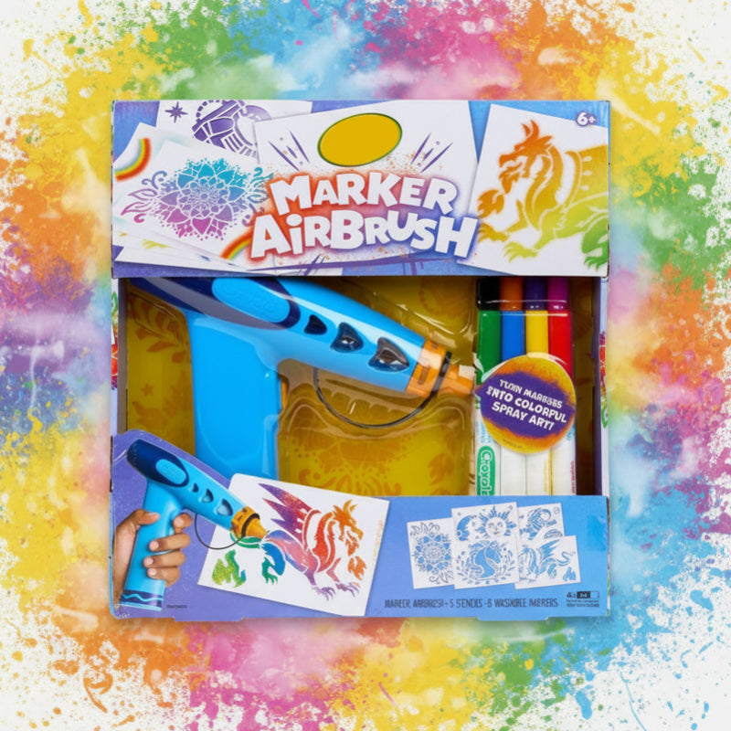 Boxed blue marker airbrush kit with colored markers and stencil artwork on the packaging