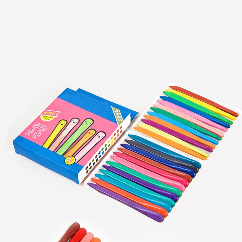 Boxed crayon set beside rows of assorted colors