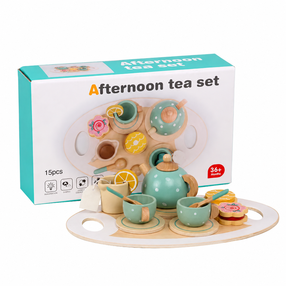 Boxed 15-piece wooden tea set with cups, a teapot, play treats and a serving tray arranged in front