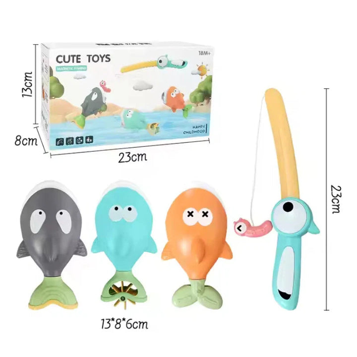 Boxed fishing bath set with three fish, one rod, and printed measurements