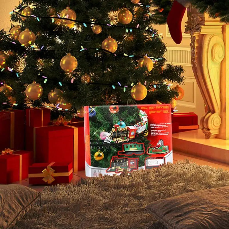 Boxed holiday train set displayed beneath a decorated Christmas tree