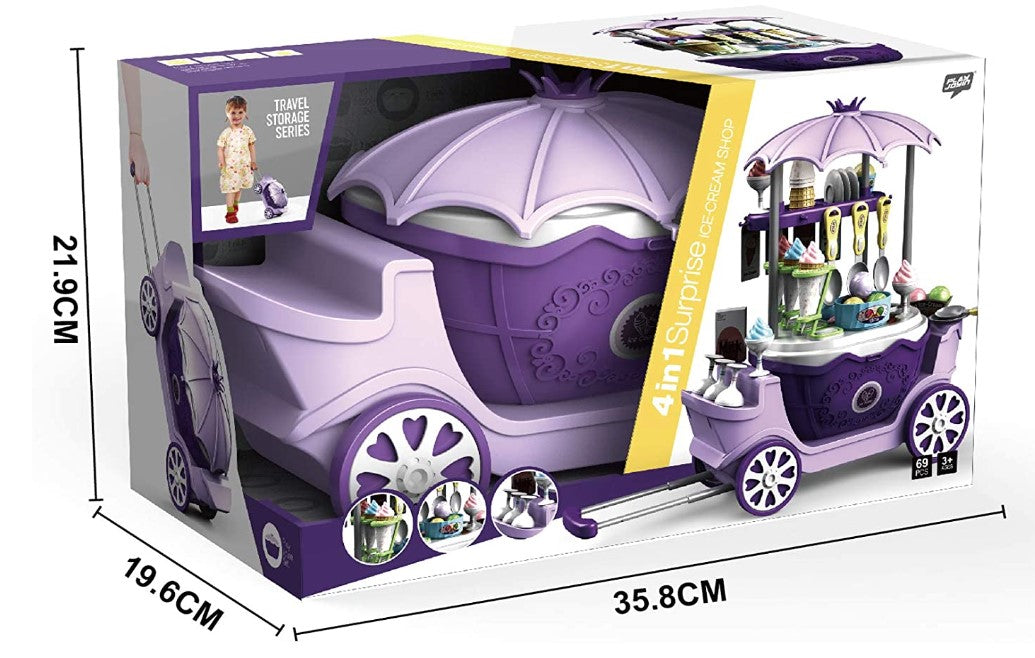 Boxed purple ice cream play cart with package measurements