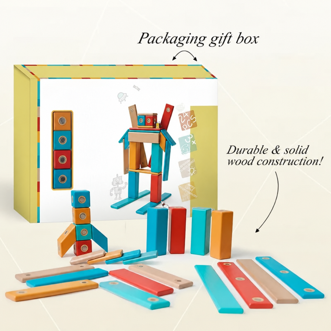 Boxed wooden magnetic block set with a robot build and loose rectangular pieces