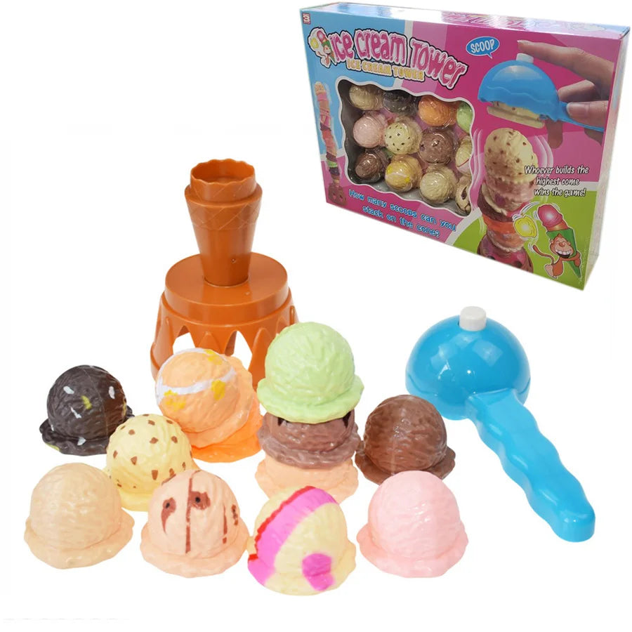 Boxed stacking game with colorful ice cream pieces, a cone, orange stand, and blue scoop